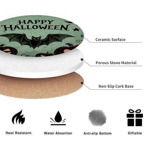 Halloween Round Ceramic Coasters Set of 6 with Holder - Vintage Pumpkin Design