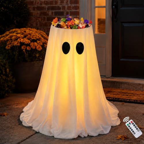 Lighted Halloween Ghost Candy Bowl with Remote Control, 35-Inch Outdoor Decor