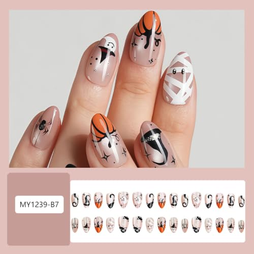 Halloween Press On Nails Short Almond Glitter Design - Style 17, 30PCS