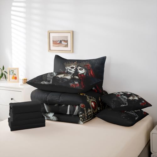 Black Red Queen Comforter Set with Sheets - Gothic Skeleton Bedding 7-Piece