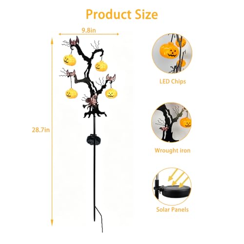 Halloween Solar Stake Lights - 2-Pack 3D Pumpkin & Iron Bat Outdoor Garden Decor - Yellow Variation
