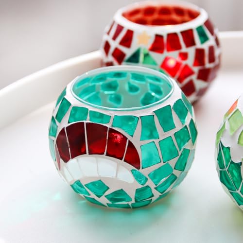 Christmas Mosaic Glass Tealight Candle Holders - Set of 4, Red & Green Holiday Decor