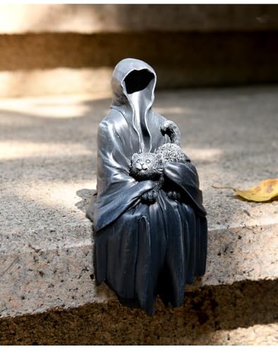Gothic Death Sitting Statue with Full Cat - Dark Themed Resin Sculpture for Halloween & Decor