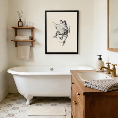 Bathroom Frog Canvas Wall Art - 12x16 Inch Funny Toilet Reading Frog Decor - Black Frame