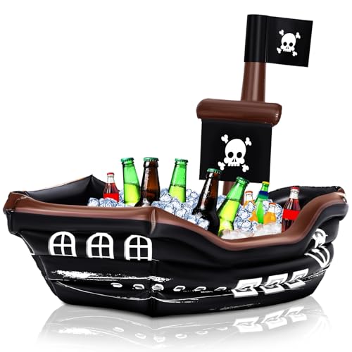 Inflatable Pirate Ship Drink Cooler with Skull Flag - Classic Colors, 36x44 Inches