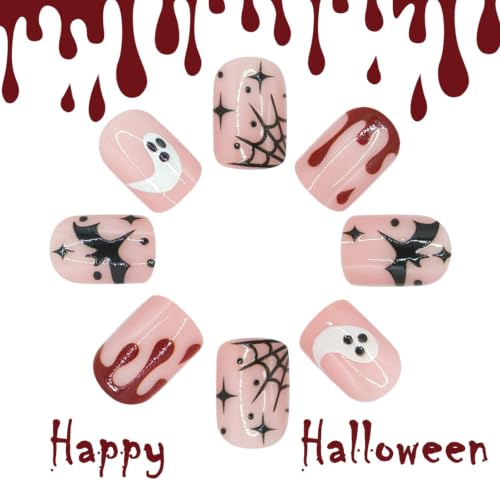 Halloween Press-On Nails Short Square Ghost Bat Blood Spider Web Design 24Pcs