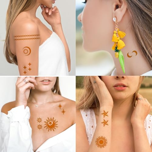 Gold Sun Moon Star Temporary Tattoo Stickers - Large 4-Sheet Set - Briyhose