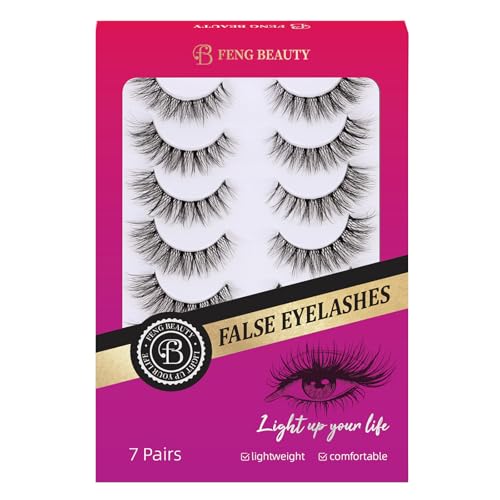 Cat Eye False Eyelashes N001 - Wispy Lightweight Fake Lashes with Clear Band, 7-Pair Set