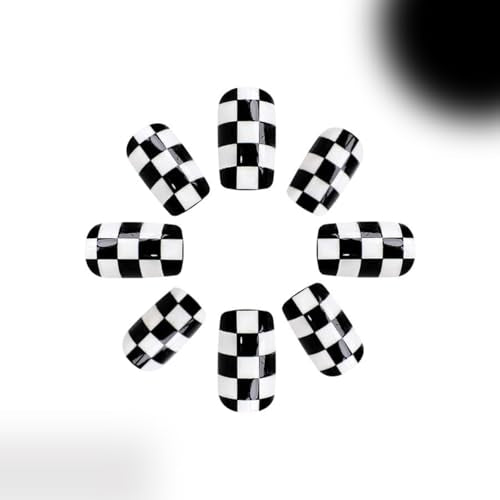 Short Press-On Nails Black and White Checkerboard Style19 - Fake Acrylic Square False Nails for Women Girls