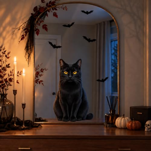 Funny Halloween Black Cat Window Clings - 6 Sheets, Static PVC Decor for Glass & Mirrors