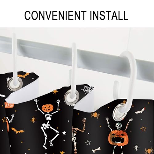 Funny Gothic Halloween Shower Curtain - Skeleton, Pumpkins, Black & White, Waterproof, 72x72 Inches with 12 Hooks - Kids Bathroom Decor
