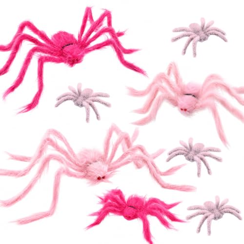 Pink Fuzzy Halloween Spider Decorations Set - Giant & Mini Spiders with Poseable Legs