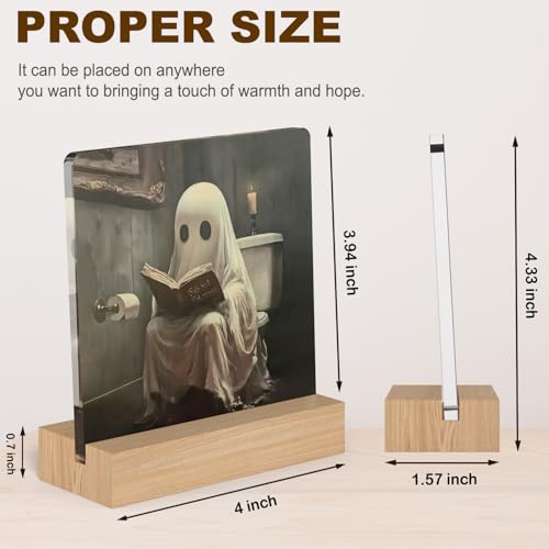 Halloween Ghost Decor Gift Acrylic Plaque with Wooden Stand for Home & Bathroom