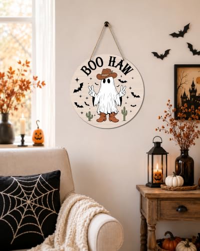 Halloween Front Door Wooden Sign with Ghost, Pumpkin & Bats - 12x12 Inches