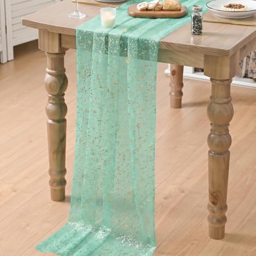 Turquoise Gauze Gold Table Runner 10FT 3-Pack - 28x120 Inch Wedding Holiday Decor
