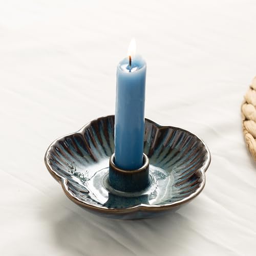 Blue Ceramic Flower Candle Holder - 4.7 Inch Tabletop Tray for Home Decor