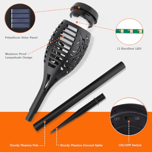 Orange 16-Pack Solar Flickering Flame Torch Lights for Outdoor Halloween Decor