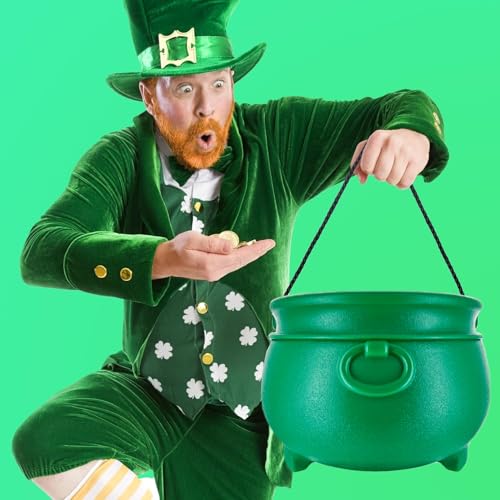 Large Green Cauldron for Candy Treats & Party Decor - 12 Inch Plastic Leprechaun Kettle