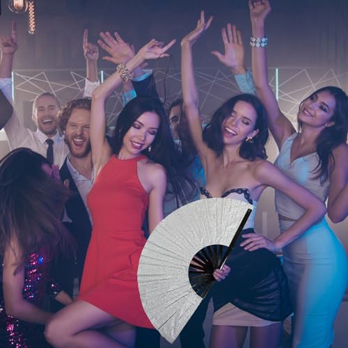 Silver Folding Glitter Rave Fan with Leg Strap & Case for Festivals and Parties