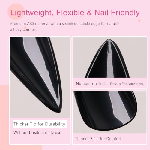 Black Stiletto Press On Nails Long Fake Nails - 144pcs with Glue & Tabs - AddFavor