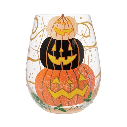 Halloween Jack-O-Lantern Stemless Wine Glass - Hand-Painted 20oz, Glow-in-the-Dark