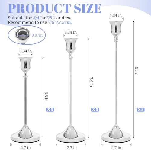 Silver Candlestick Holders Set of 15 - Metal Taper Candle Holders with Different Heights