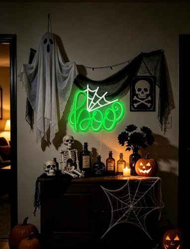 Halloween White Boo Spider Web Neon Sign - Dimmable Party Decor - Variation of Boo Spider Web