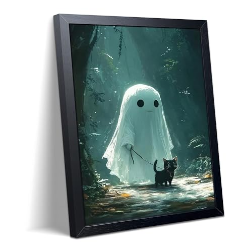 A-Little Devil Walking The Cat Framed Halloween Wall Art - 16x24 Inch