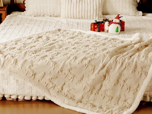 Remagr Beige Reindeer Christmas Sherpa Throw Blanket 50x60in - Double-Sided Plush Cozy Decor