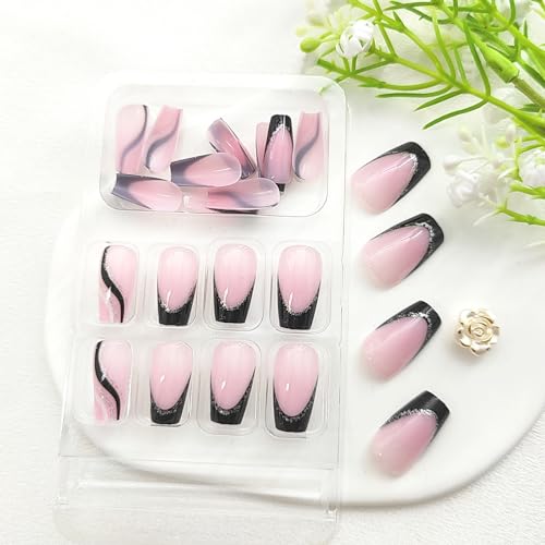 Short Press-On Nails Black White French Tip Set with Silver Glitter - 24Pcs