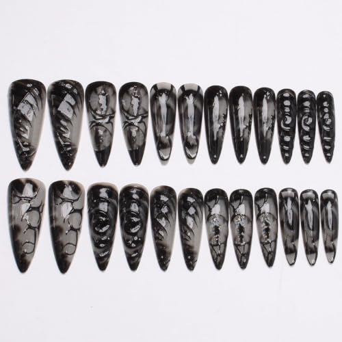 Halloween Black Press On Nails Long Stiletto A59 - Gothic Swirl Abstract Fake Nails Set