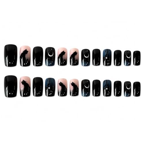 Halloween Press On Nails Short Square Black Cat & Star Moon Design Style 17 - Glossy Gradient Finish, Full Coverage, 24 Pcs