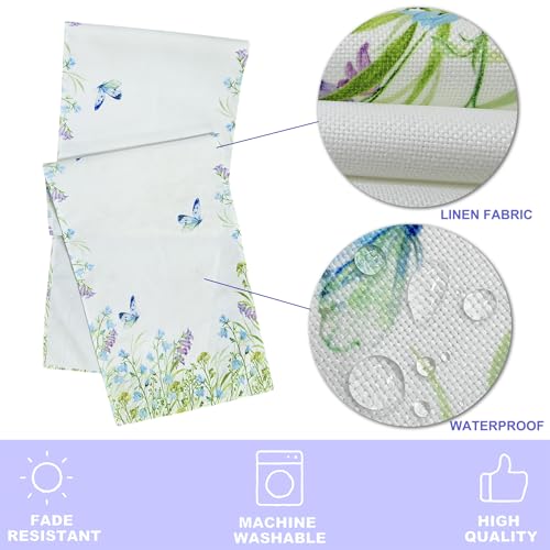 Spring Flowers Butterfly Table Runner - Farmhouse Burlap Summer Dining Linen 72 Inches