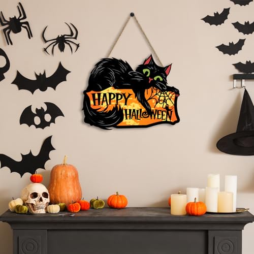 Black Cat Halloween Door Sign - Spooky Wooden Welcome Sign with Spider Web, 12x12 Inches - Variation of THIS listing