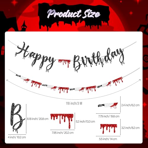 Halloween Birthday Banner Set with Glitter Knife & Blood Drop Garland - Spooky Party Decorations