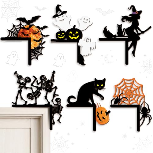 Qunclay Halloween Door Corner Toppers - 6 Unique Spooky Decorations for Doors & Windows - Witch Skeleton Ghost Set