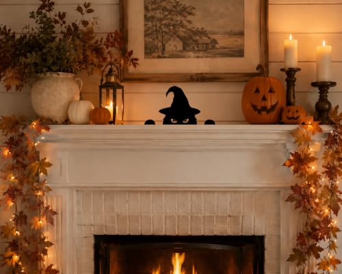 Peeking Black Cat Halloween Window Decoration - Witch Hat & Sign, Small Spooky Home Decor