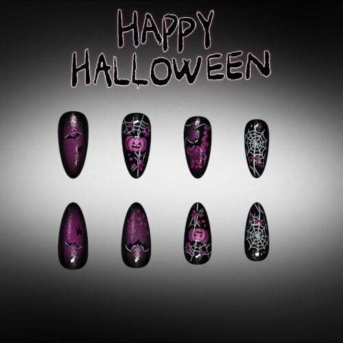 Halloween Long Stiletto Press On Nails Purple Pumpkin Bat Spider Web - Variation 17