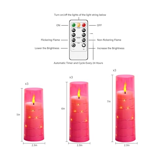 Pink Flameless LED Candles with Timer - 9 Pc Flickering Battery Operated Decor