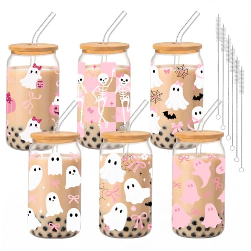 Pink Ghost Skeleton Glass Cups with Lids & Straws - 16oz Halloween Set