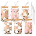 Pink Ghost Skeleton Glass Cups with Lids & Straws - 16oz Halloween Set