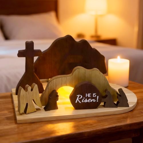 Wooden Easter Resurrection Scene Set with Cross and Tomb - Christian Decor for Tabletop & Home