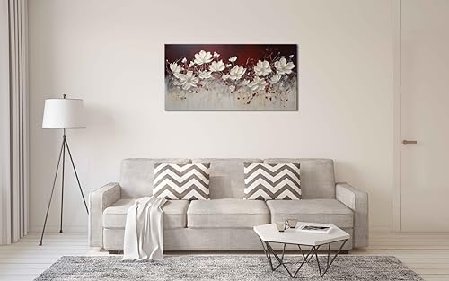 Wall Art Canvas - White Flowers on Red Background, 20x40 Inches - Frame Included (H050)