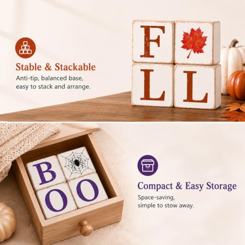 Fall Halloween Tiered Tray Decor 4 Pcs Wooden Signs - Orange & Purple Variation