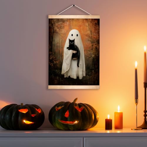 Gothic Ghost and Black Cat Wall Art Poster - Rustic Linen Canvas 18.5x14 Inch - Black Variation BLK05