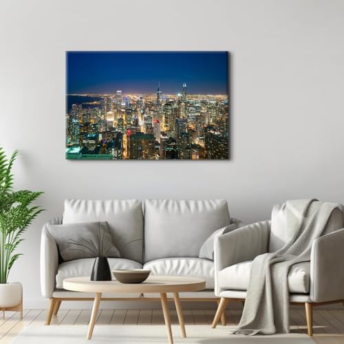 Chicago Skyline Wall Art Canvas - Night View Panorama for Office & Home 48"L x 32"W - Variation of Nightview02
