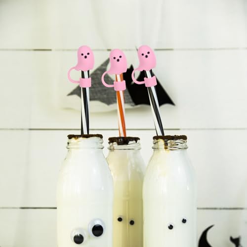 Halloween Ghost Silicone Straw Covers - Pink Reusable Tumbler Straw Topper (Variation: Cute Ghost)