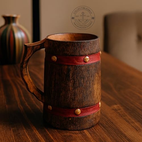 Rustic Wooden Beer Mug with Orange Leather Strap - Handmade Viking Steinkrug for Coffee Tea Ale