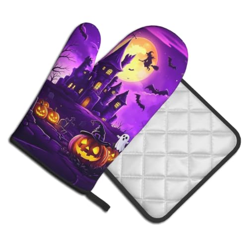 Halloween Purple Castle Oven Mitts and Pot Holders Set - Witch Bat Ghost Heat-Resistant Kitchen Gloves, 11"L x 7"W