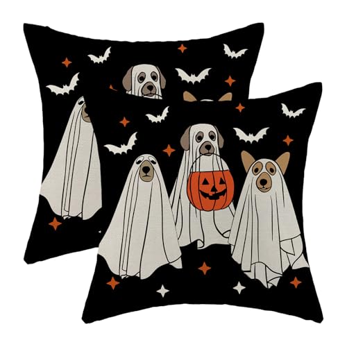 Halloween Pillow Covers 18x18 Pack of 2 - Black Beige Dog & Bat Decor